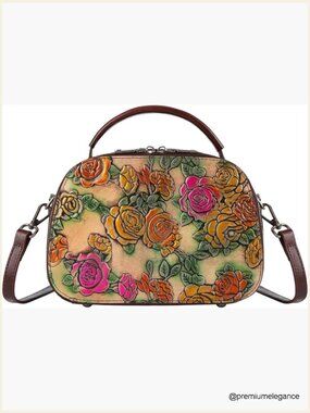 Genuine Leather Satchel Handbag Hand Painted Retro Top Handle Crossbody